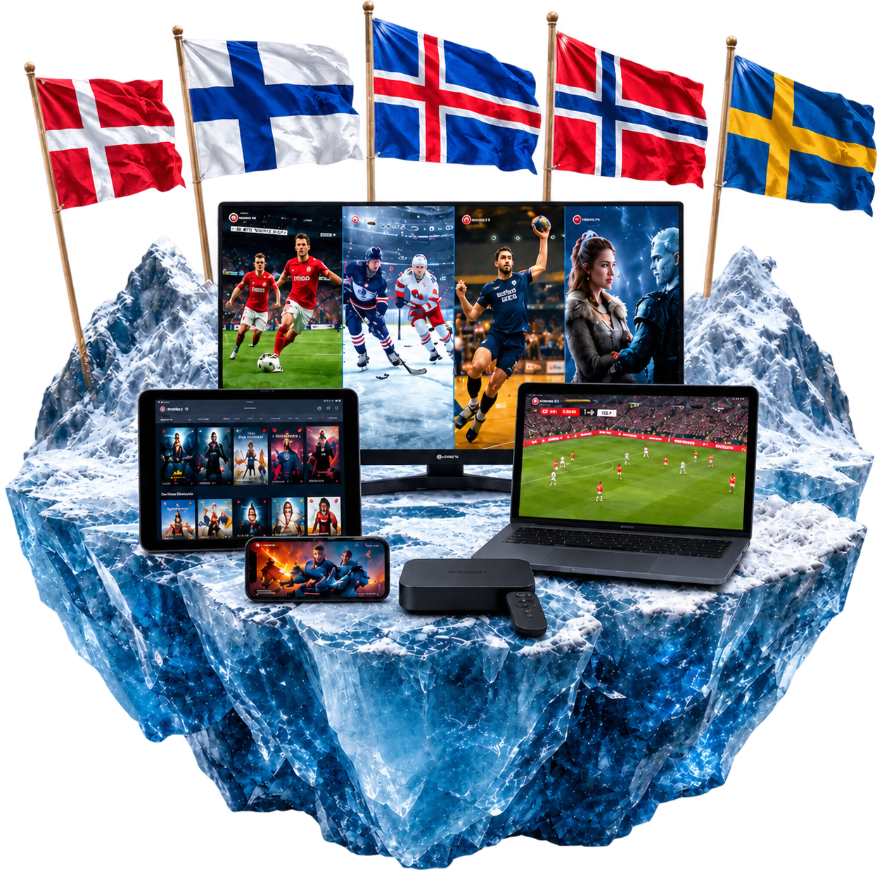 Nordic IPTV on a TV, laptop, tablet and phone on a block of ice with the five Nordic flags