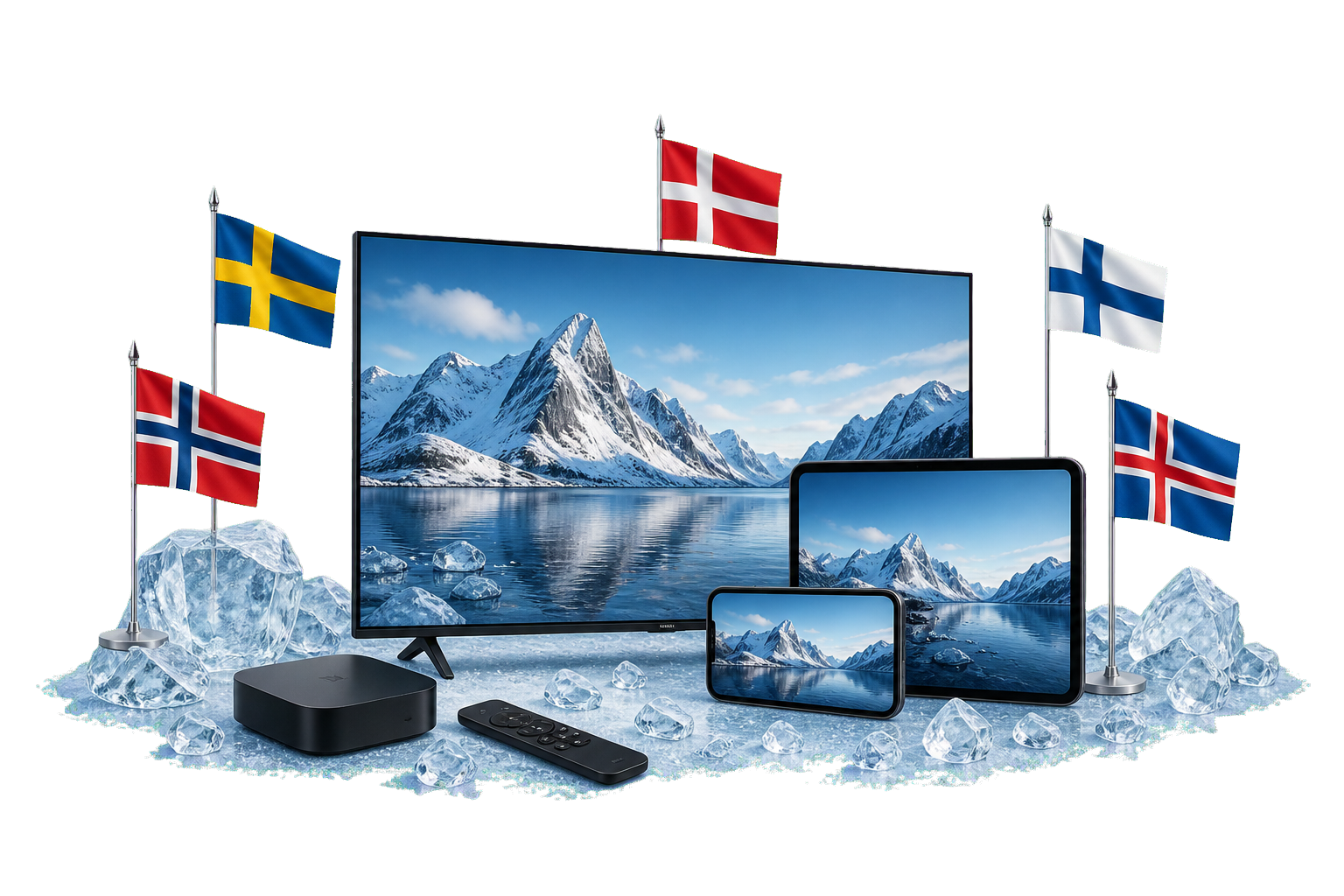 Television, tablet, phone, streaming box and remote with Nordic flags and natural ice details