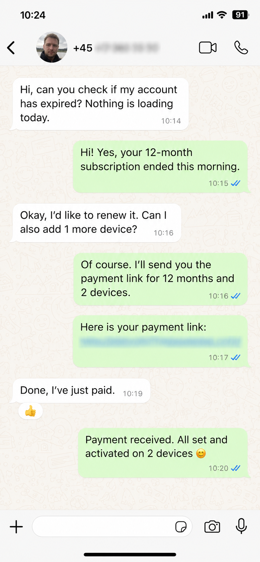 Verified Danish customer renewing Nordic IPTV for 12 months and 2 devices