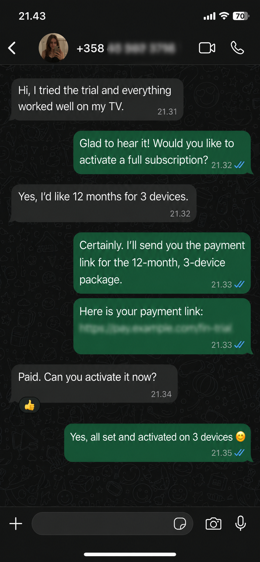 Verified Finnish customer activating Nordic IPTV for 12 months and 3 devices after a trial