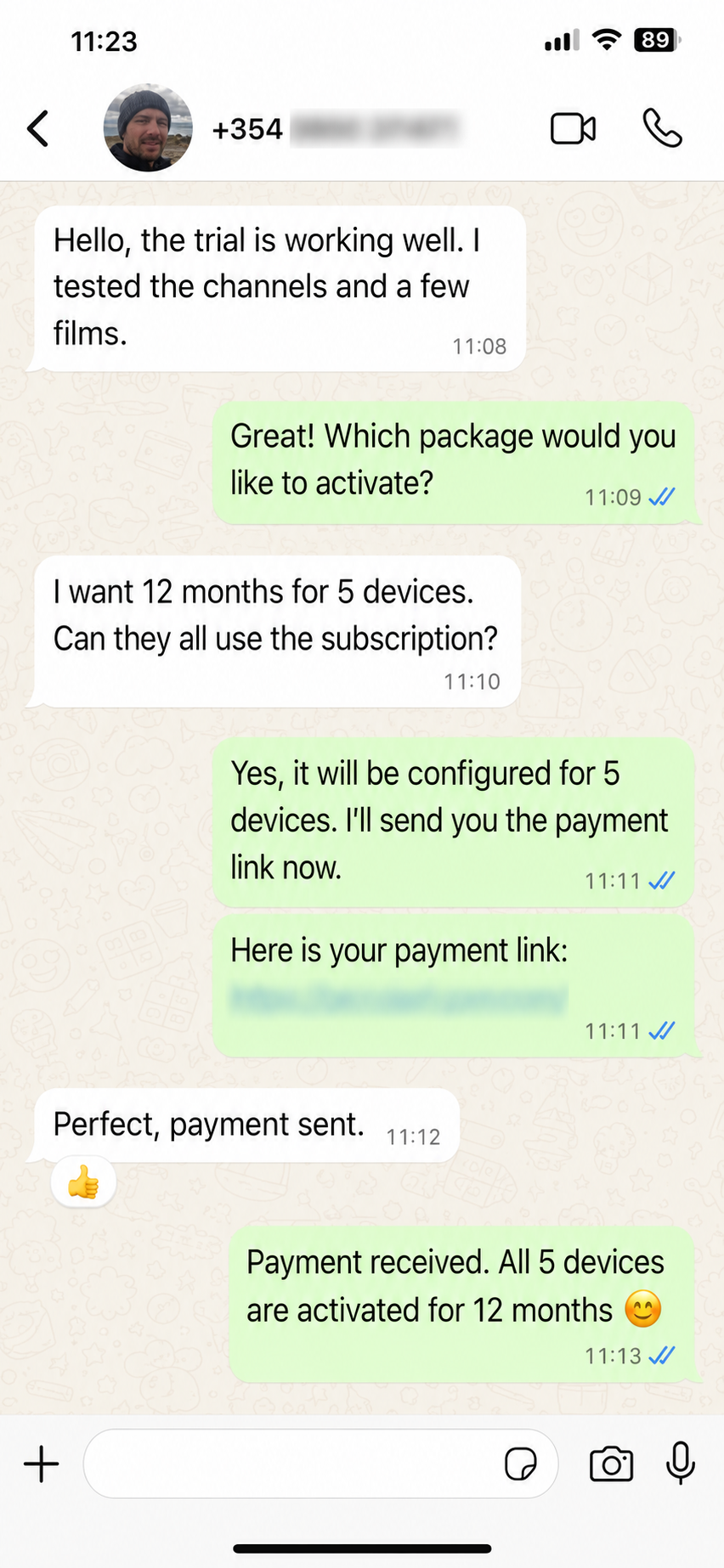 Verified Icelandic customer activating Nordic IPTV for 12 months and 5 devices after a trial