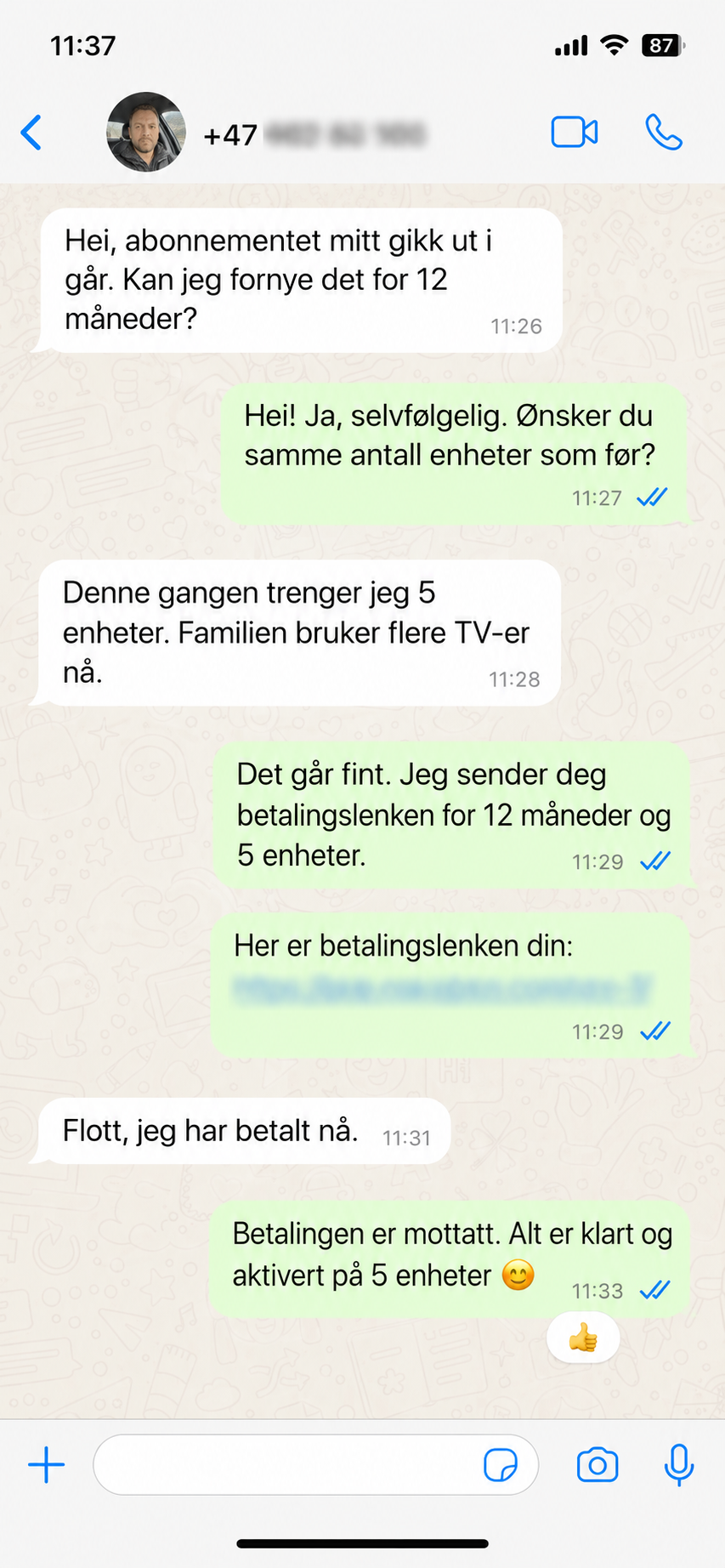 Verified Norwegian customer renewing Nordic IPTV for 12 months and 5 devices