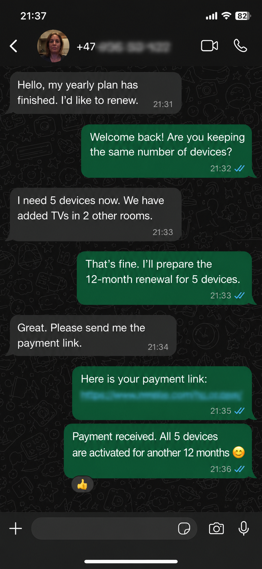 Verified Norwegian customer renewing Nordic IPTV for 12 months and 5 devices