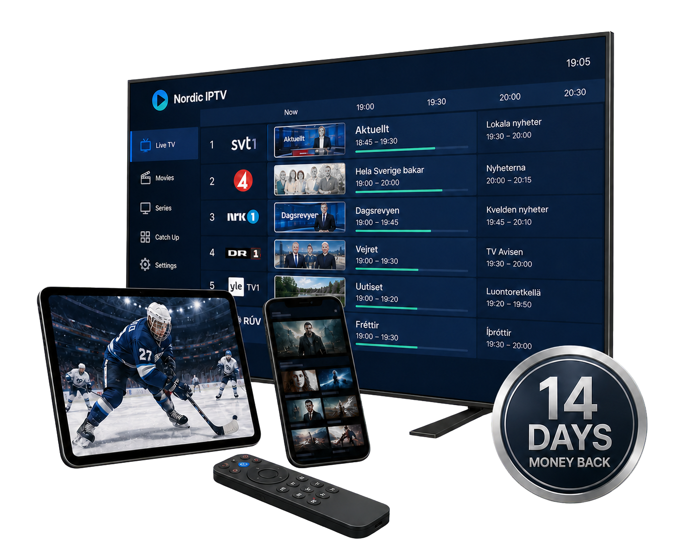 Nordic IPTV channel navigation, live ice hockey and films across television, tablet and phone with a 14-day money-back guarantee seal