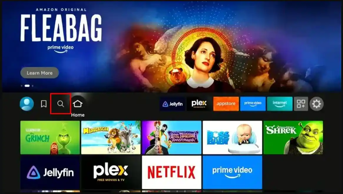 Firestick home screen with the Find option highlighted