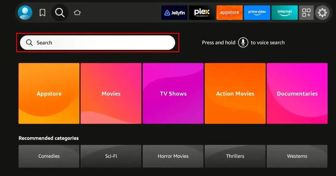 Firestick Find menu with Search selected