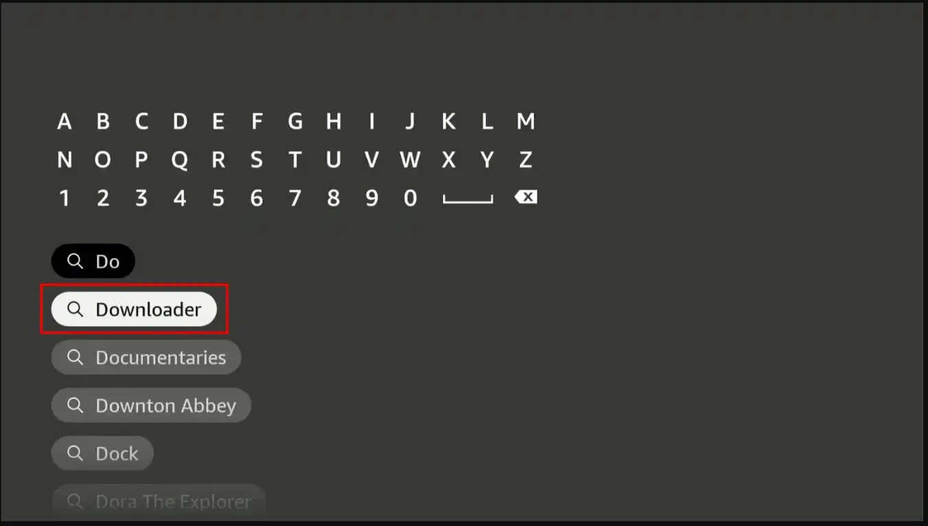 Firestick search results showing the Downloader app