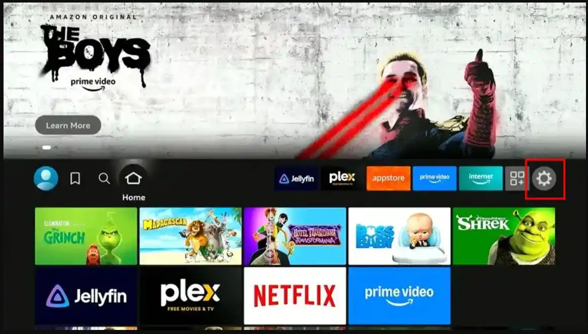 Firestick home screen with the Settings gear highlighted