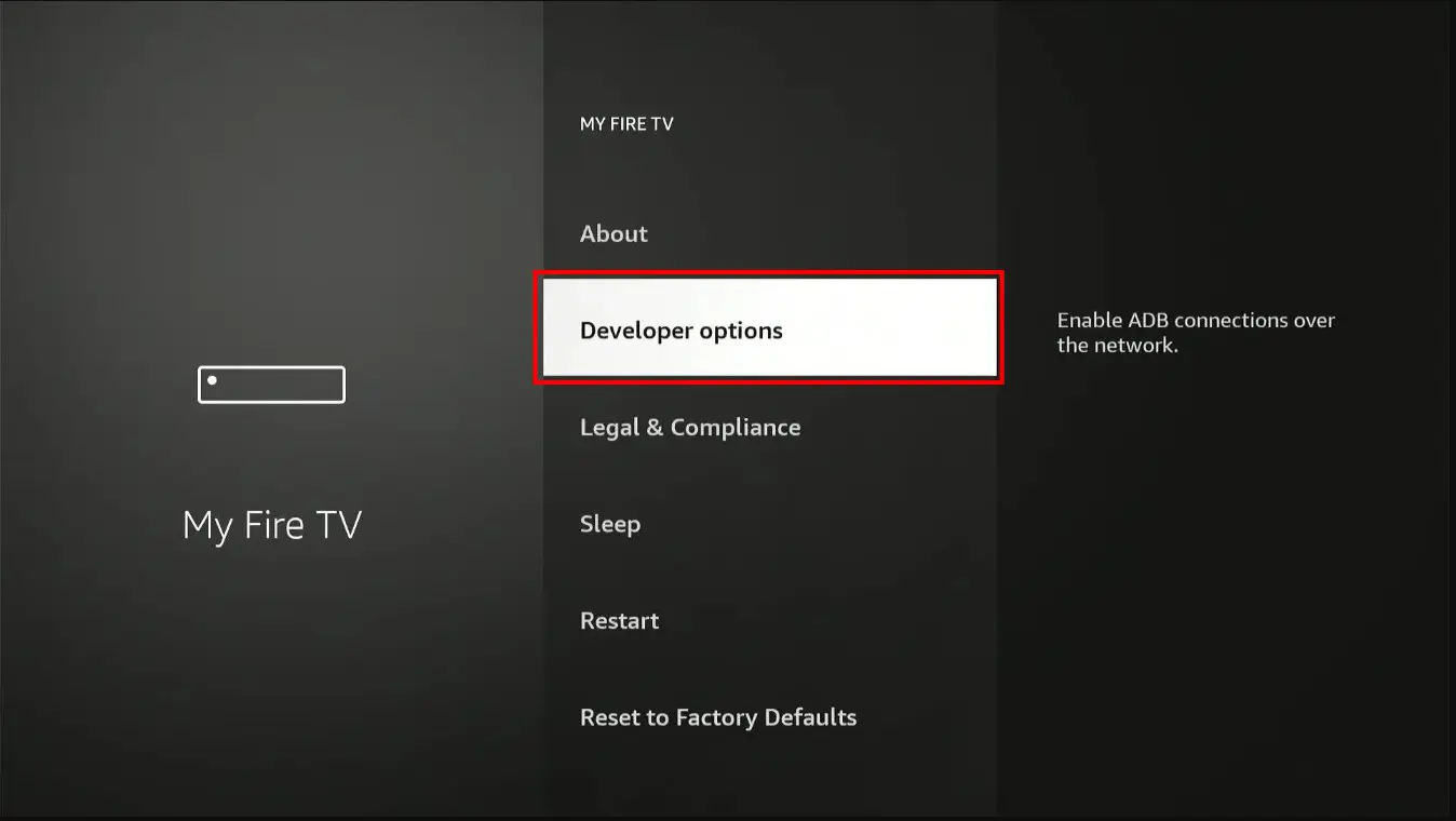 My Fire TV menu with Developer Options highlighted