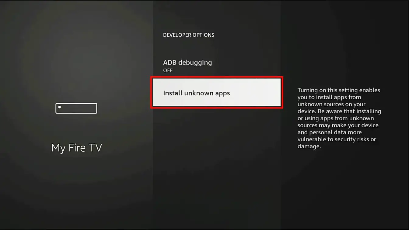 Developer Options with Install Unknown Apps highlighted
