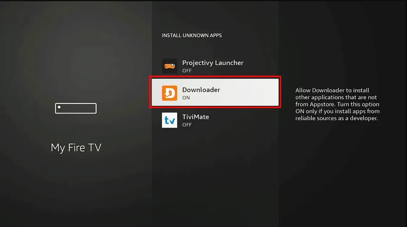 Install Unknown Apps list with Downloader toggled on