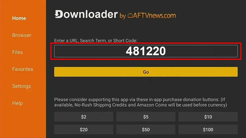 Downloader app with the code entered in the URL field