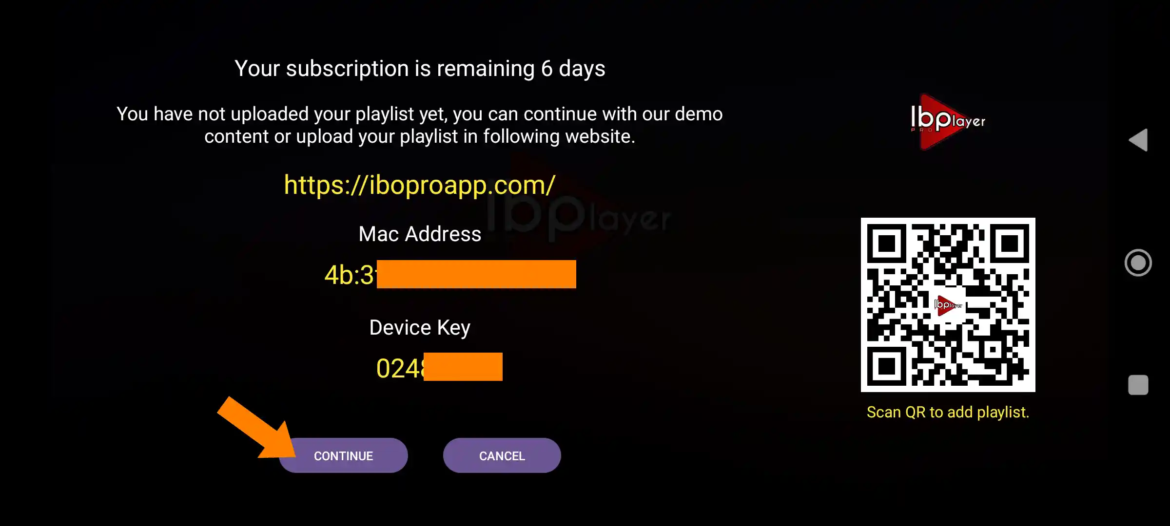 IBO Player Pro popup showing the MAC Address and Device Key
