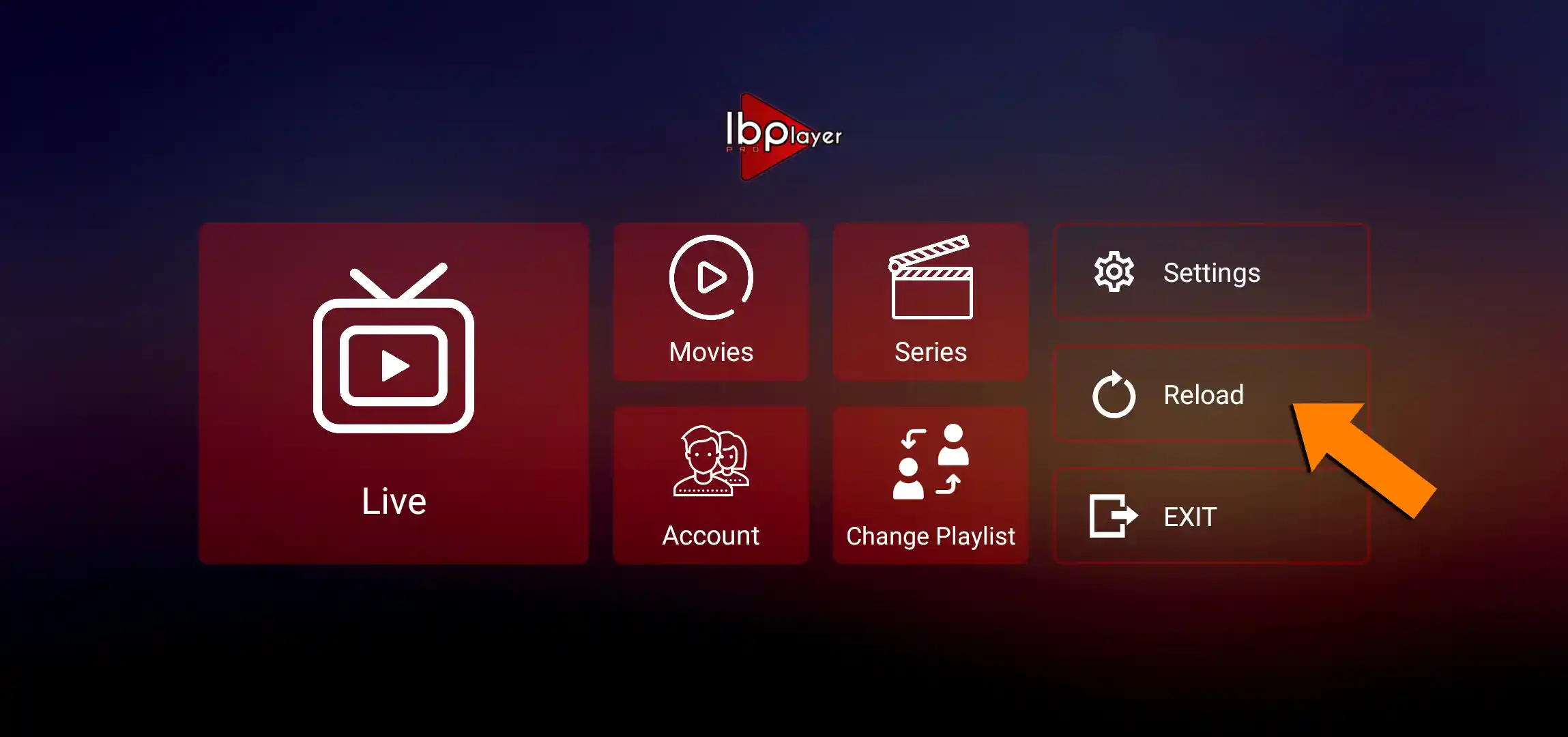 IBO Player Pro home screen with the Reload button highlighted