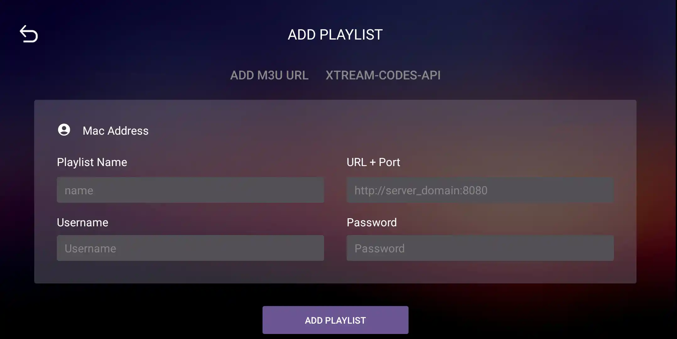 IBO Player Pro Add Playlist screen on the Xtream Codes API tab