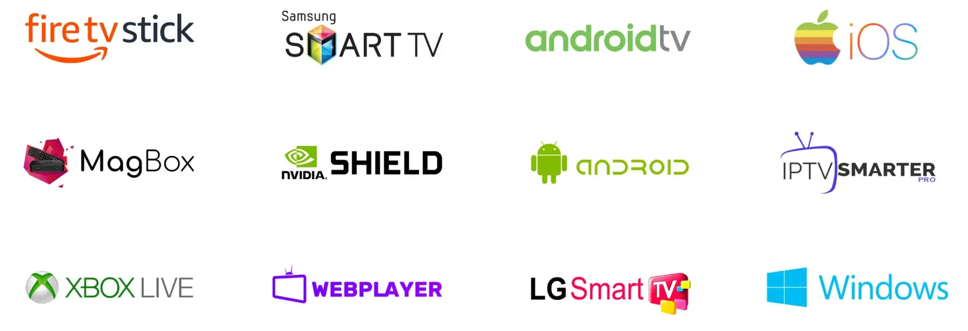 Fire TV Stick, Samsung Smart TV, Android TV, iOS, MAG, Nvidia Shield, IPTV Smarters, Xbox, web player, LG Smart TV and Windows