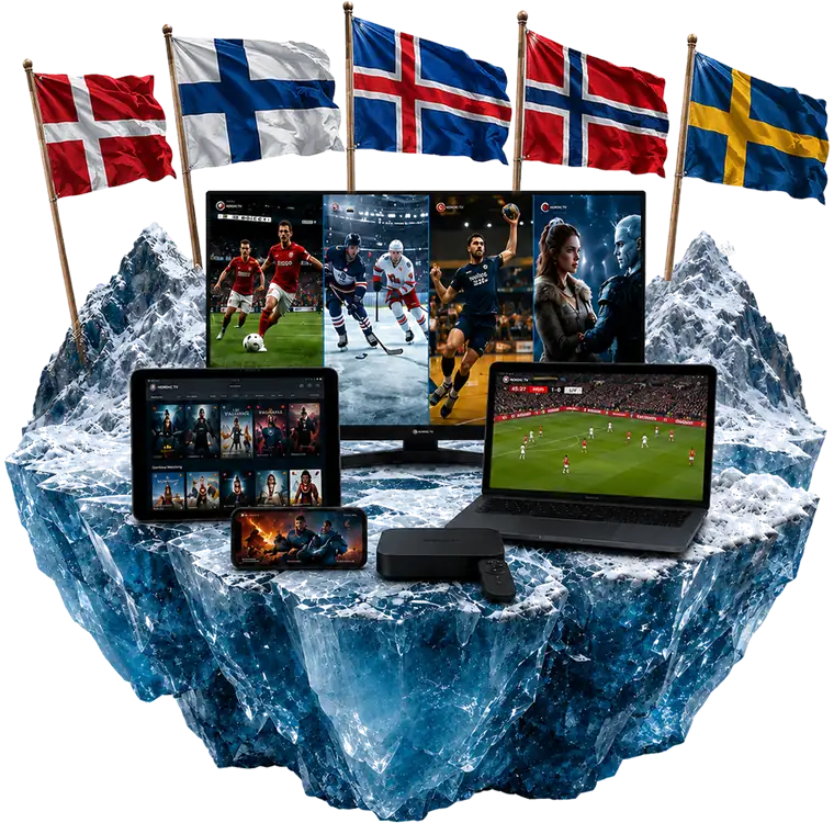 Nordic IPTV on a TV, laptop, tablet and phone on a block of ice with the five Nordic flags