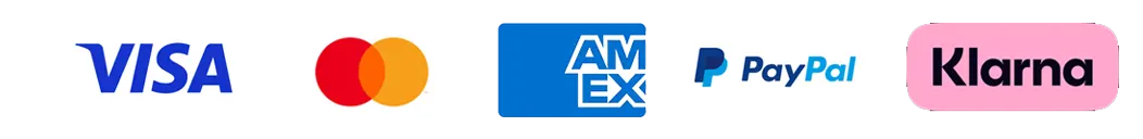 Visa, Mastercard, Amex, PayPal and Klarna accepted